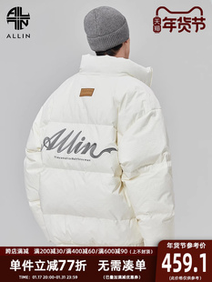 立领冬季 字母防寒保暖短款 休闲外套 白色鸭绒羽绒服男款 ALLIN