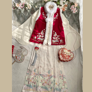 夜子溪 原创汉服女明制比甲对襟立领刺绣兔年拜年服加绒 花间兔