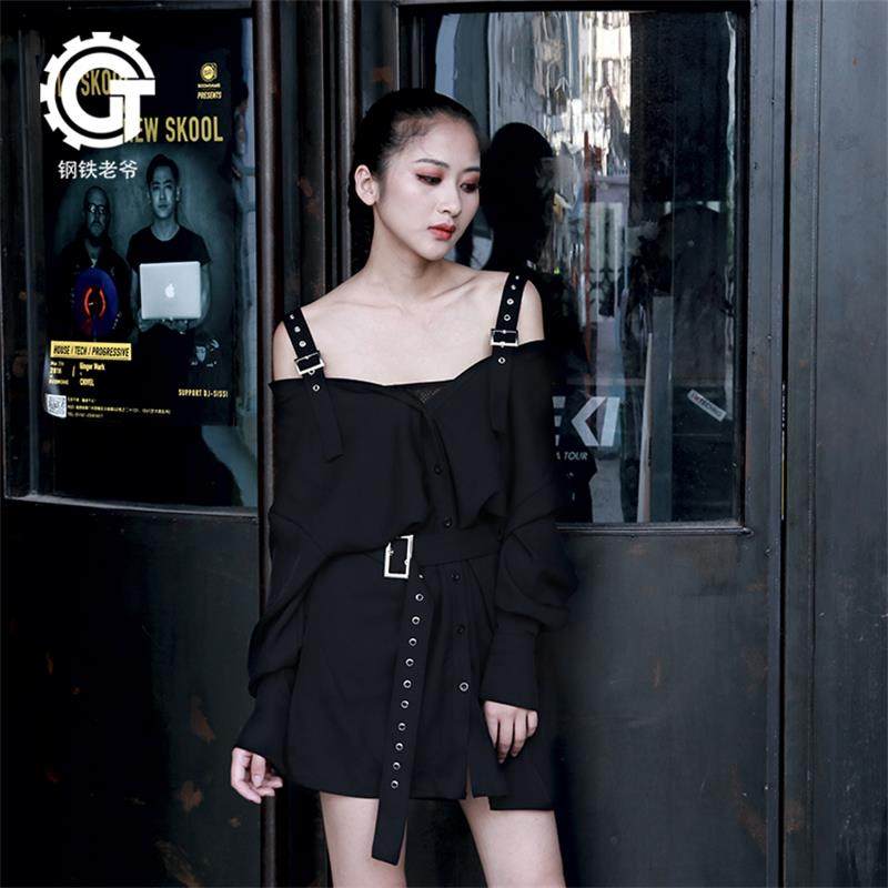 朋克风女装硬妹暗黑裙修身露肩吊带气质显瘦漏锁骨女式长袖连衣裙