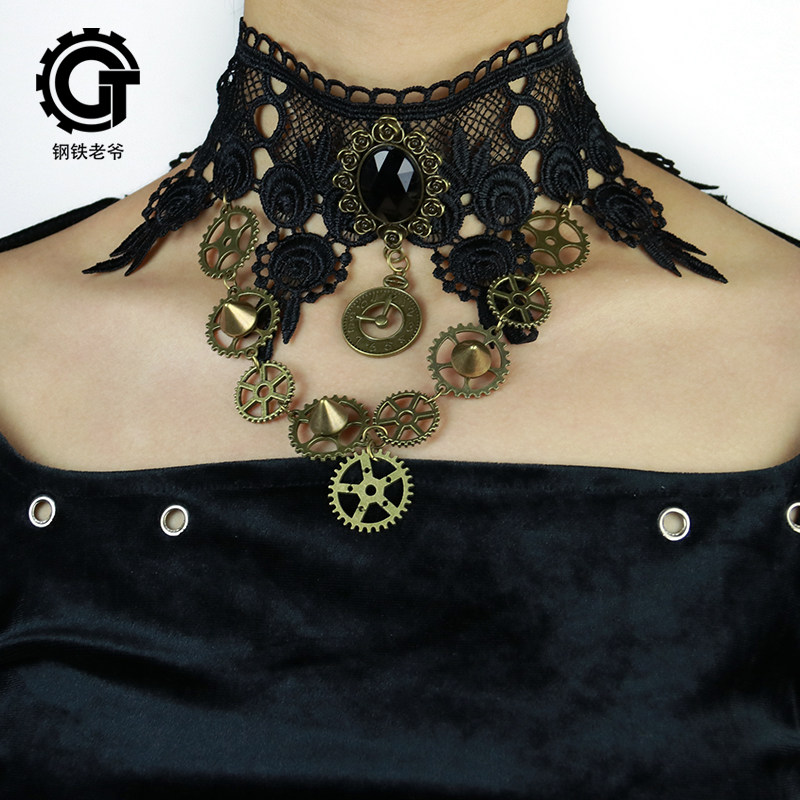 钢铁老爷蒸汽朋克蕾丝齿轮复古项链个性工业风choker锁骨链金属饰