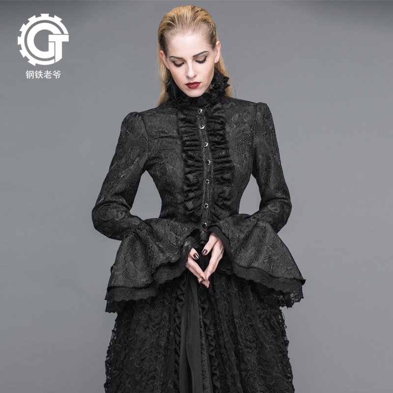哥特风女装欧美宫廷荷叶袖立领修身系带衬衫春秋新款衬衣表演上衣