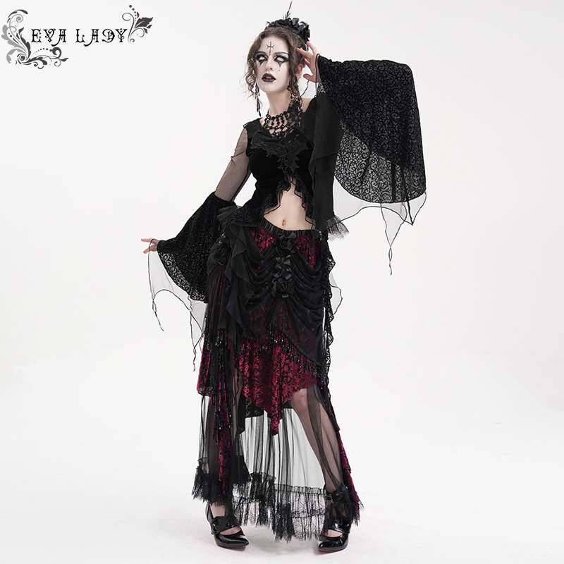 Devil Fashion恶魔时尚女装哥特烧花丝绒拼菱形花网料半裙ESKT051