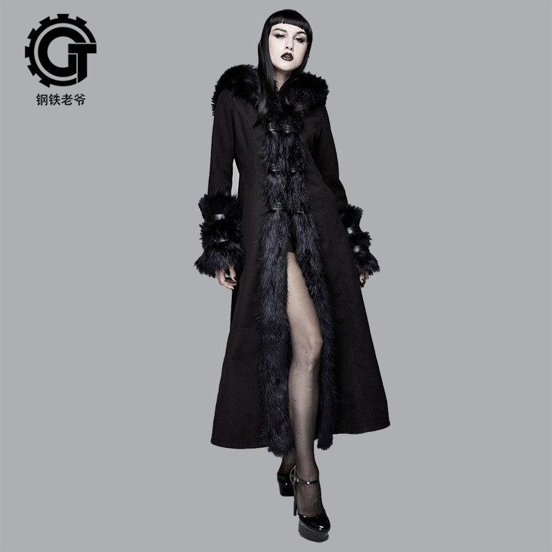 哥特风女装皮草大衣长款毛呢外套不掉毛蒸汽朋克秋冬新款修身保暖