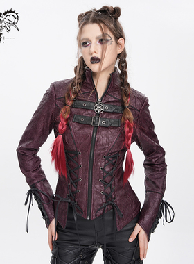 DevilFashion哥特风红色拼接绑带皮衣外套CT26302