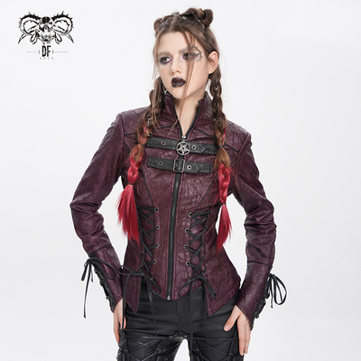 DevilFashion哥特风红色拼接绑带皮衣外套CT26302