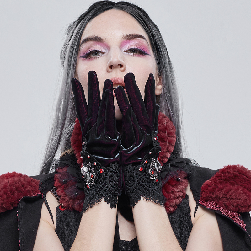 哥特风饰品宫廷贵族高级感女士分指手套冬季暗红双色丝绒手缝红钻