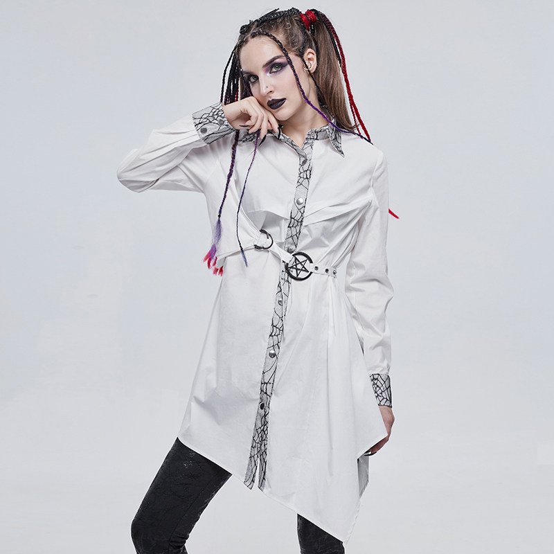 朋克女装不对称腰带下摆长款衬衫