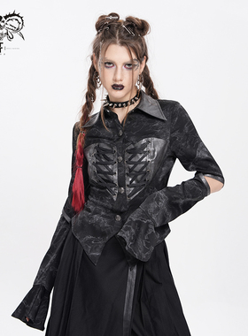DevilFashion哥特风黑色暗纹拼接皮质衬衫SHT143