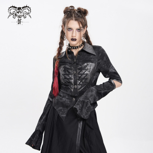 DevilFashion哥特风黑色暗纹拼接皮质衬衫SHT143