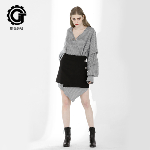 钢铁老爷街头风女装长衬衫加半身裙套装潮不规则个性深V领春装03
