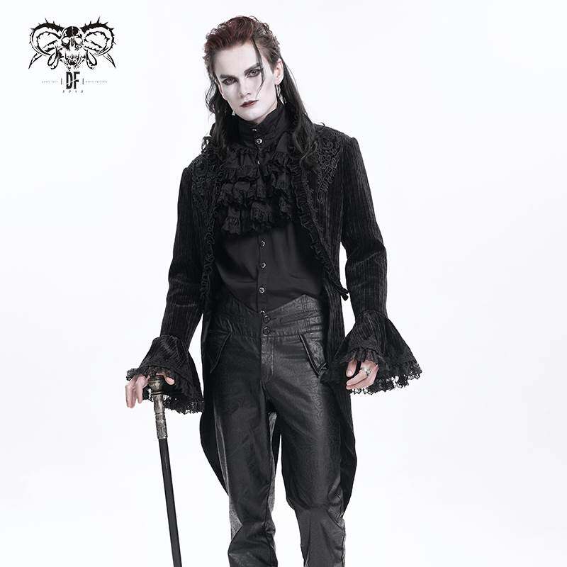 Devil Fashion恶魔时尚哥特暗黑男装蕾丝喇叭袖开叉燕尾大衣CT250