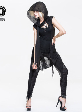 春夏款披肩外套哥特街头朋克不规则时尚女士连帽背心罩衫开衫女