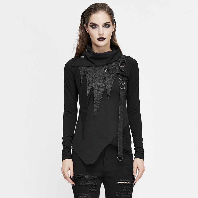 朋克摇滚女装长袖修身t恤高领时尚潮流打底衫大码显瘦不规则上衣