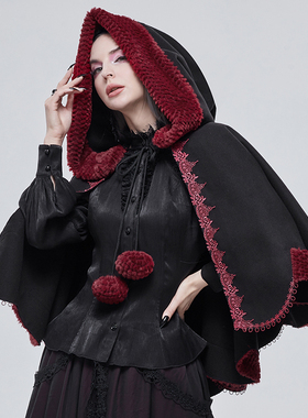 黑色双面呢撞色毛披肩哥特女装连帽短外套单件加厚宽松圣诞节斗篷