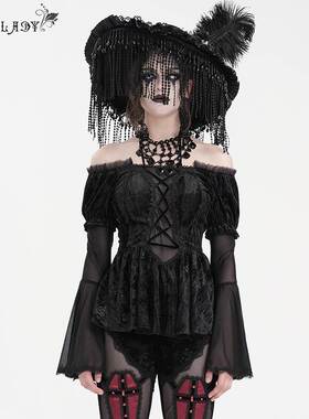 Devil Fashion恶魔时尚女装哥特压花绒料一字肩长袖摆女T恤ETT038