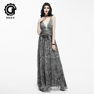 哥特朋克欧美风演出派对宴会晚礼服复古知性感露背真丝绸连衣裙女