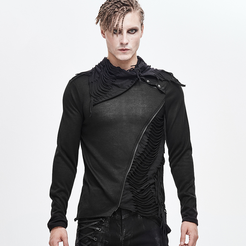 男式大破条翻领毛织长袖T恤拼接高弹日常休闲春秋季青年朋克上衣