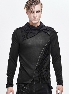 男式大破条翻领毛织长袖T恤拼接高弹日常休闲春秋季青年朋克上衣