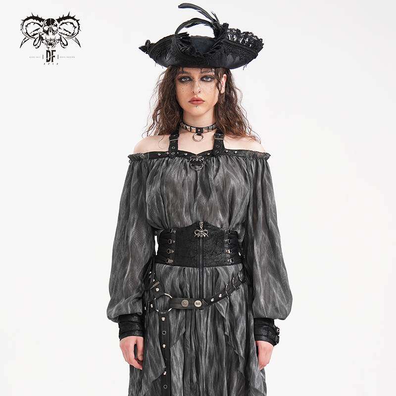 Devil Fashion恶魔时尚女装哥特挂脖一字肩长袖宽松T恤 TT27701