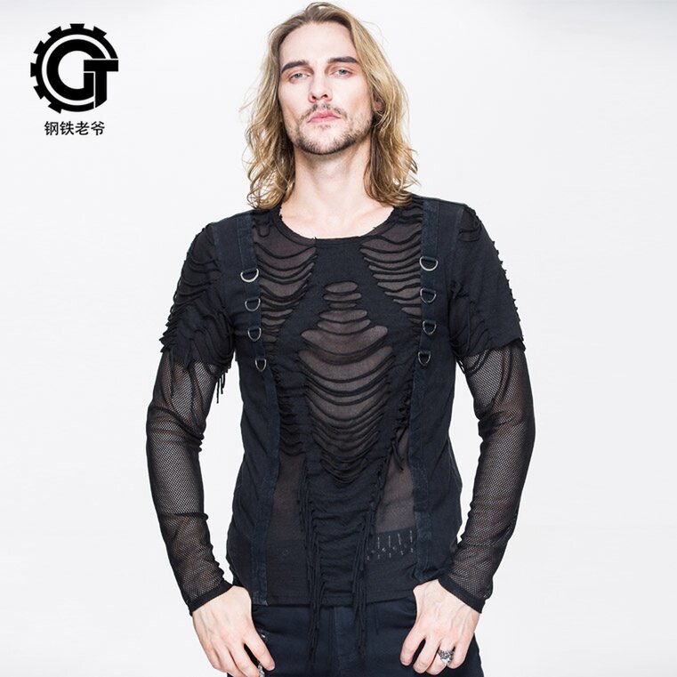 蒸汽朋克上衣金属镂空透视修身性感摇滚渔网T恤长袖潮流网红男装