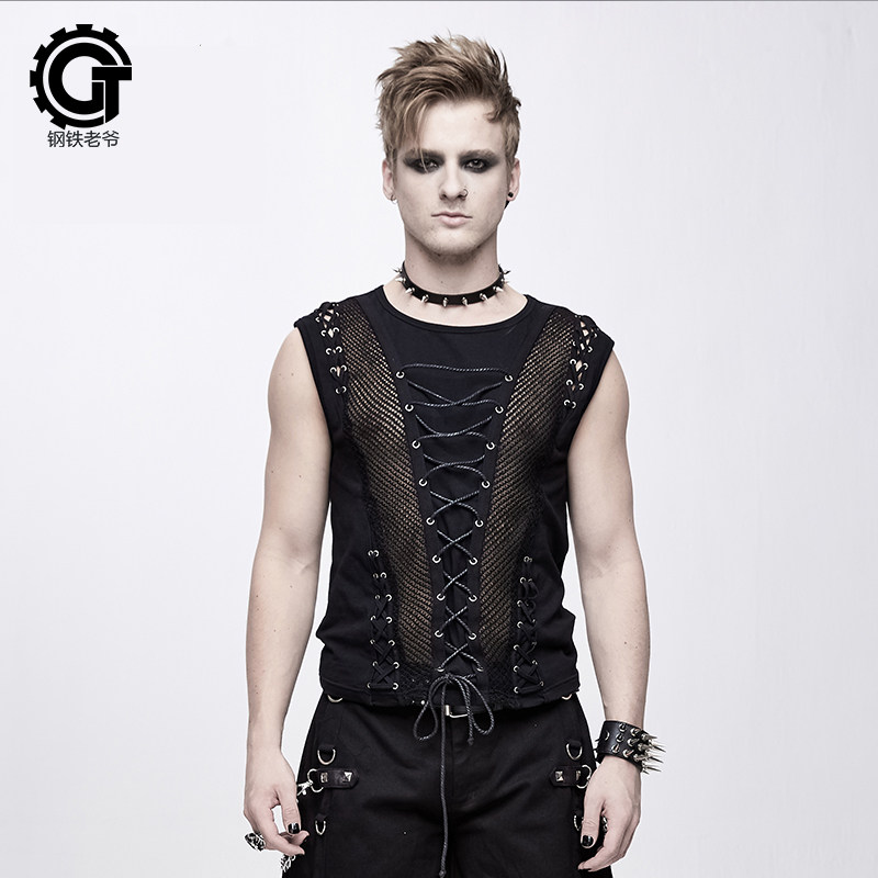 朋克男装紧身马夹街头摇滚时尚t恤性感透视舞台表演马甲修身上衣