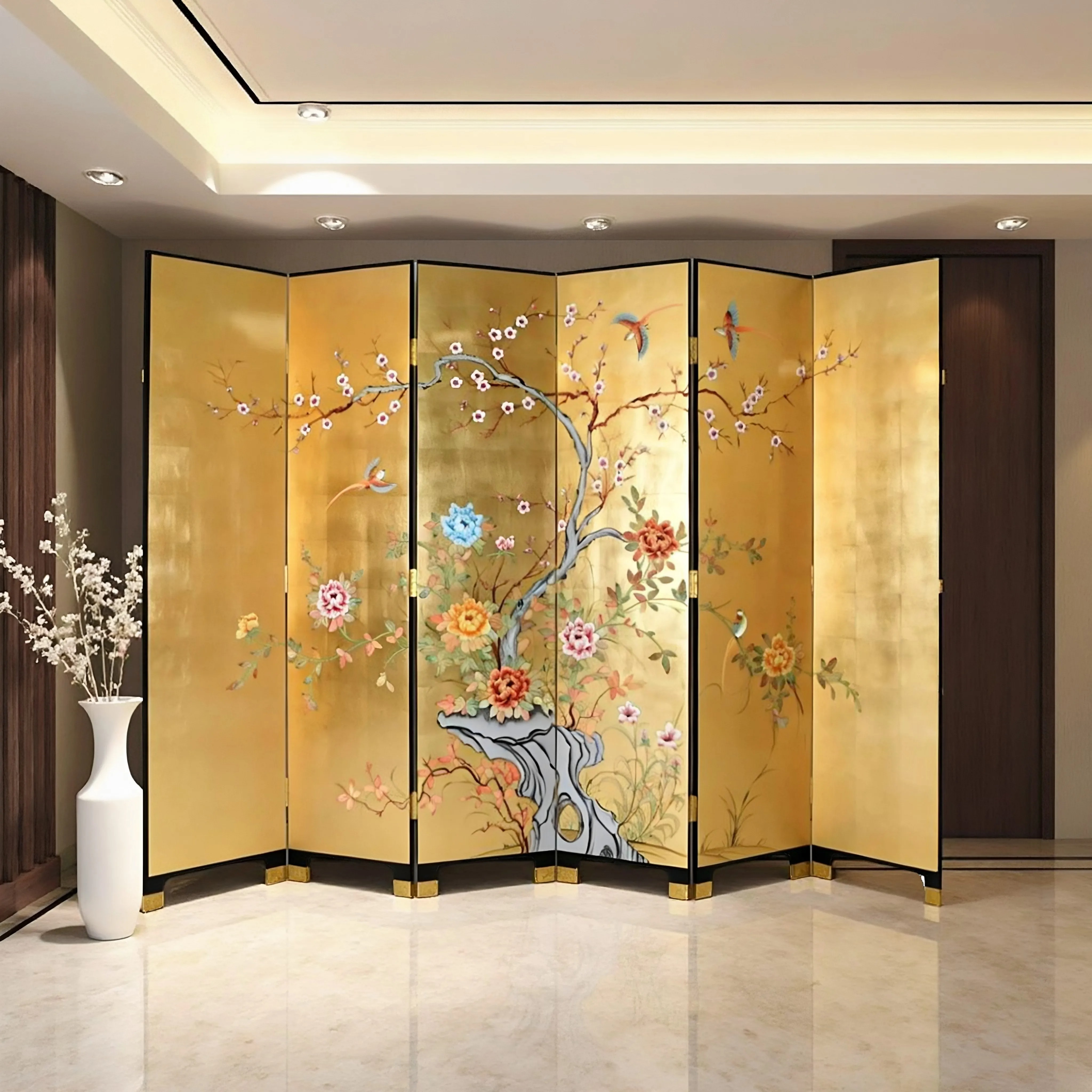 金箔花鸟图折屏客厅背景墙装饰画书房茶楼隔断屏风非遗大漆画折屏