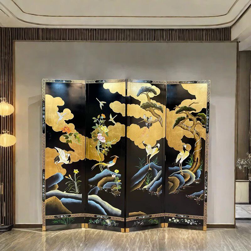 中式手绘复古漆画屏风黑底花鸟折屏客厅隔断茶室玄关背景遮挡屏风
