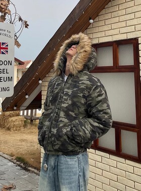 TWORED 美式复古重磅可拆卸毛领连帽迷彩棉服棉衣男女高级感外套