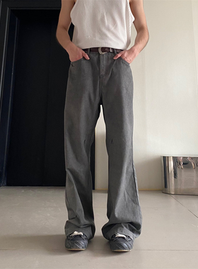 TWORED美式复古灰色直筒牛仔裤男潮牌做旧dirtyfit休闲阔腿裤子