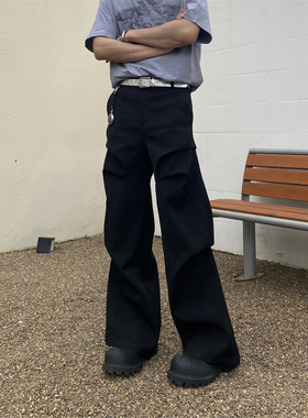 TWORED美式高级感褶皱休闲垂感微喇西裤男女小众设计直筒黑色长裤