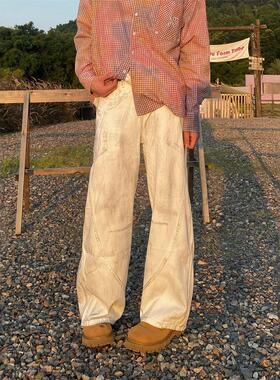 TWORED 美式高街vibe解构设计脏脏阔腿牛仔裤男潮牌直筒拖地裤子