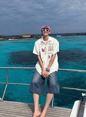 TWORED 吉米海小海同款花卉刺绣华夫格短袖衬衫男女宽松情侣衬衣