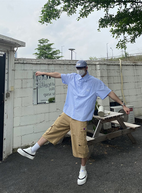 TWORED美式复古条纹短袖衬衫男女夏季薄款学院风情侣衬衣外套