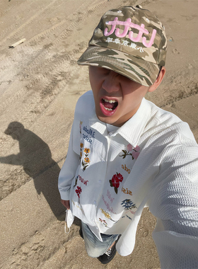 TWORED 美式复古华夫格花卉长袖衬衫男宽松慵懒情侣百搭衬衣外套