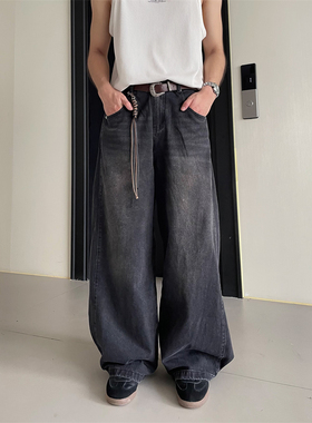 TWORED 重工水洗vintage裤脚侧扣收紧阔腿直筒百搭宽松黑色牛仔裤