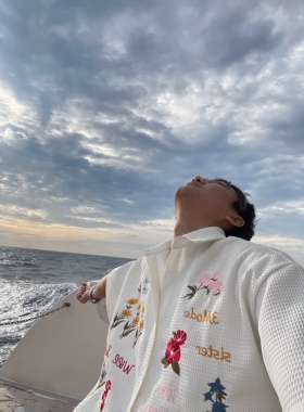 TWORED美式复古华夫格彩色花卉刺绣衬衫短袖宽松慵懒风休闲百搭