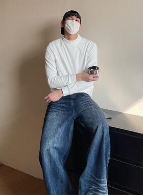 TWORED美式潮牌基础纯色半高领打底衫男女秋冬宽松百搭套头上衣