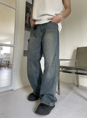 TWORED美式水洗做旧复古牛仔裤男女百搭cleanfit宽松直筒拖地裤子