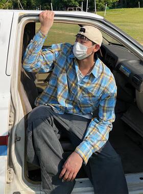 TWORED美式复古撞色格纹长袖衬衫男女休闲宽松百搭潮牌设计感外套