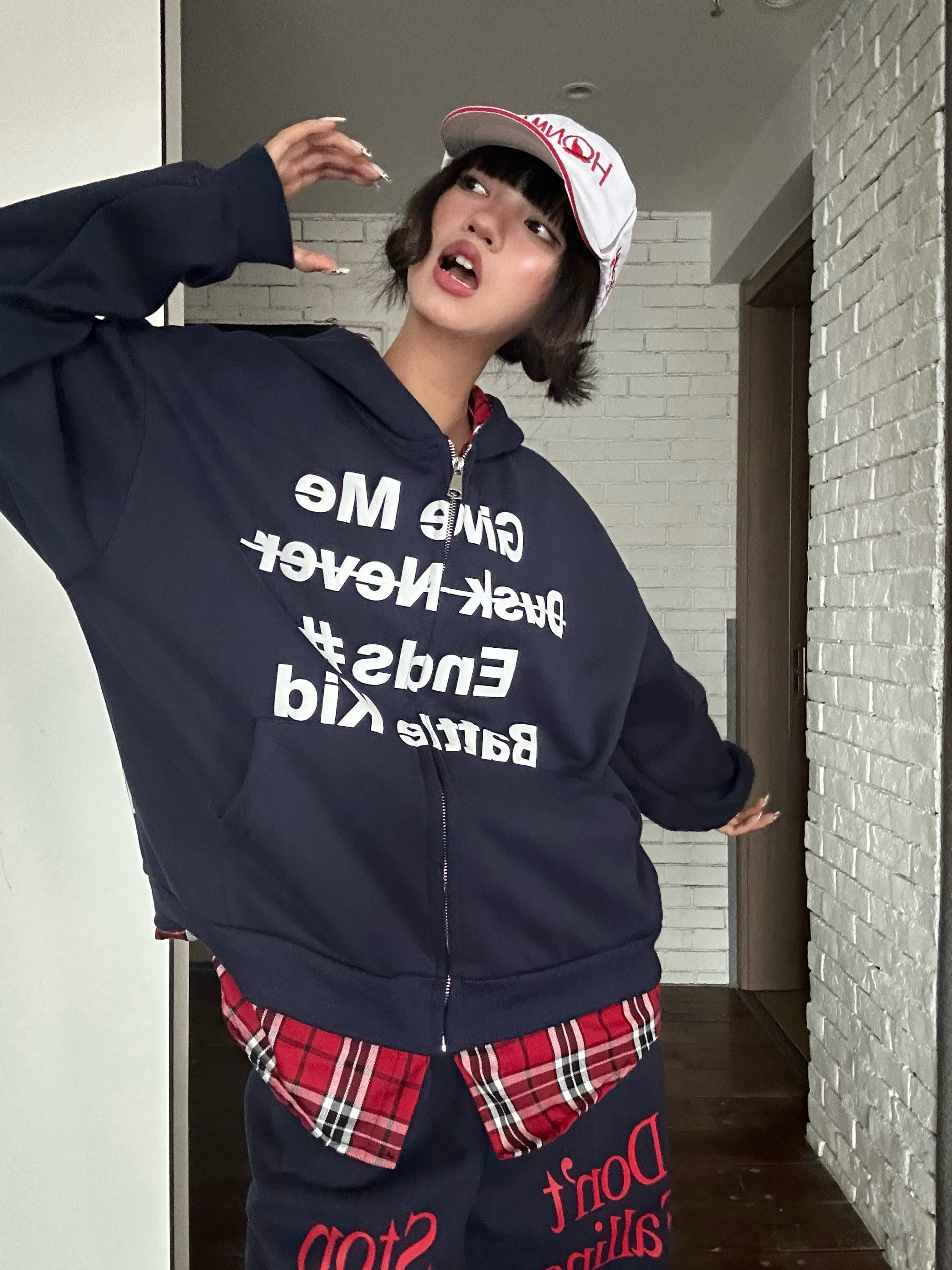 TWORED 美式街头假两件拼接格子连帽卫衣外套男女慵懒风加绒上衣