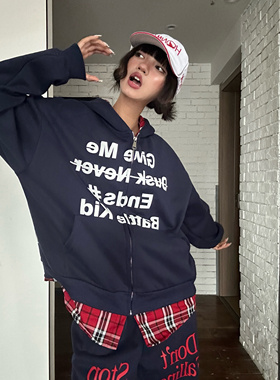 TWORED 美式街头假两件拼接格子连帽卫衣外套男女慵懒风加绒上衣