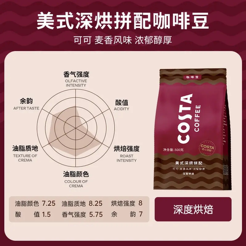 Costa Coffee/咖世家美式深烘拼配咖啡豆500g门店同款可可麦香