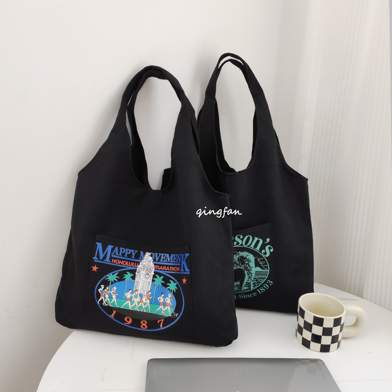 轻帆ins美式印花学生背心包单肩手提U型购物袋大容量百搭潮