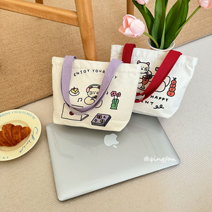 轻帆手提包女卡通猫上班帆布包拉链时尚外出手拎袋迷你小布袋