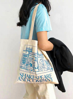 法国巴黎莎士比亚书店周边帆布包袋蓝色印花文艺女学生手提书包袋