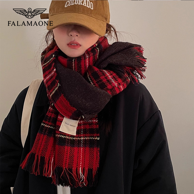 法莱阿玛尼圣诞红色格子女士围巾