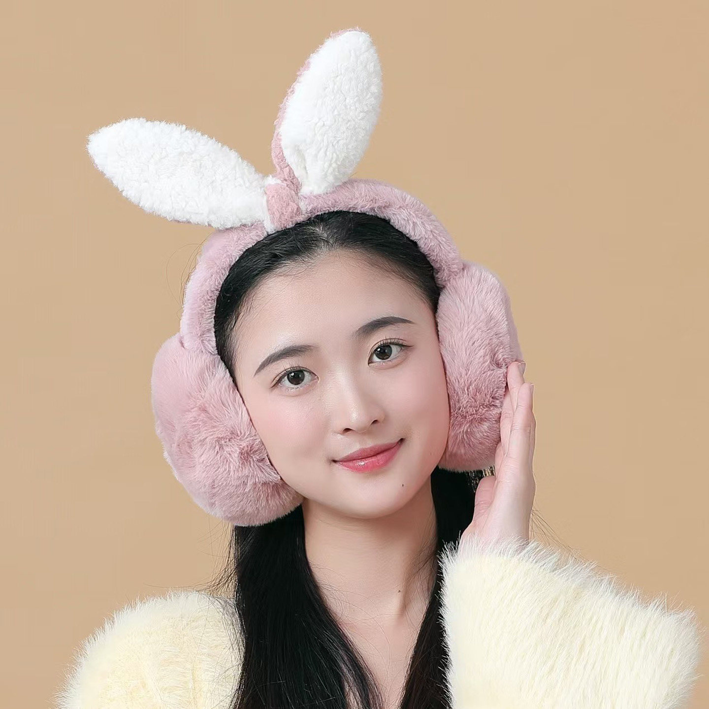 冬季保暖毛绒兔耳可折叠耳套女