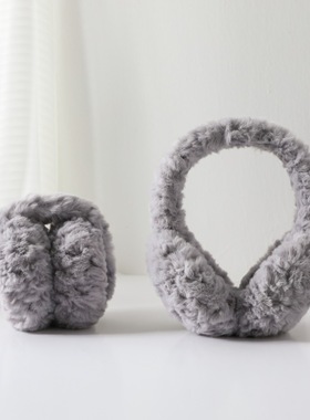 护耳灰色防寒女式卷卷毛耳套女冬季保暖可折叠毛绒耳罩防冻耳朵套