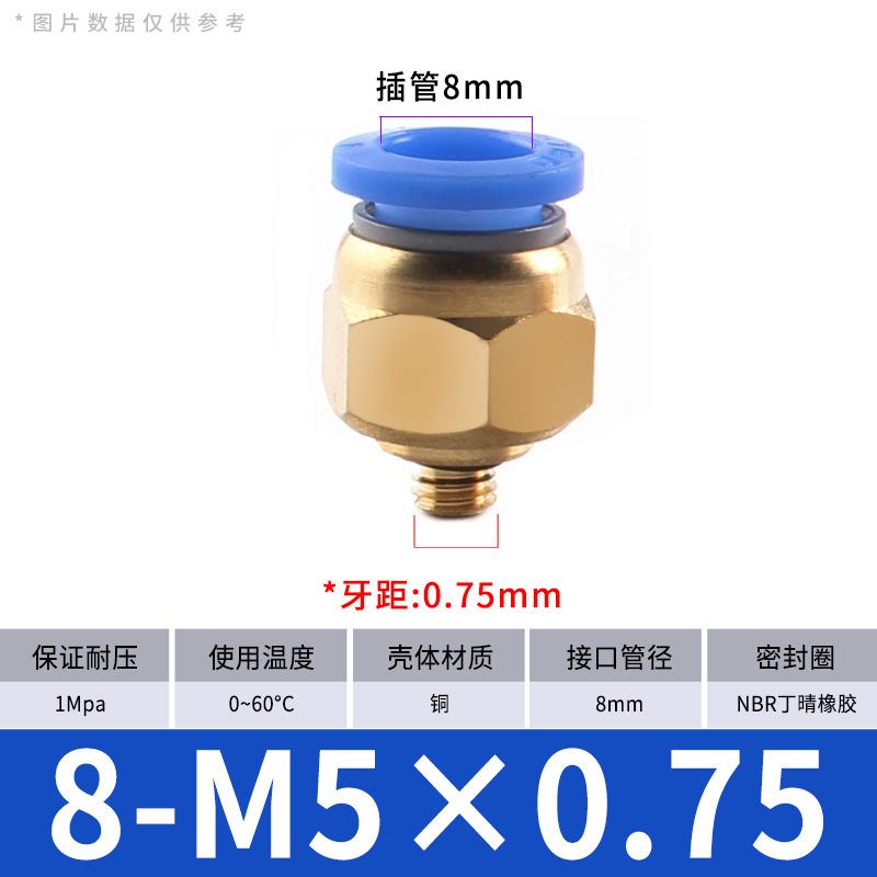 气管快速接头铜PC8-02螺纹直通气动快插公制粗牙机械工具元件4-M5