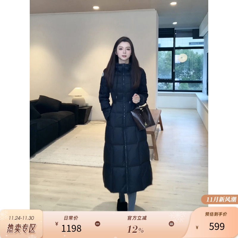 郭九九呢 90白鸭绒羽绒服冬季基础简约收腰显瘦连帽长款外套女